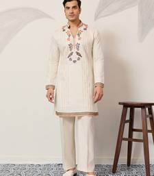 WHITE VISCOSE SILK THREAD & SEQUINS EMBROIDERED WORK WEDDING FESTIVAL MARRIAGE PARTY WEAR STRAIGHT MENS KURTA WITH PANT