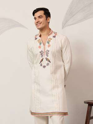 WHITE VISCOSE SILK THREAD & SEQUINS EMBROIDERED WORK WEDDING FESTIVAL MARRIAGE PARTY WEAR STRAIGHT MENS KURTA WITH PANT 3