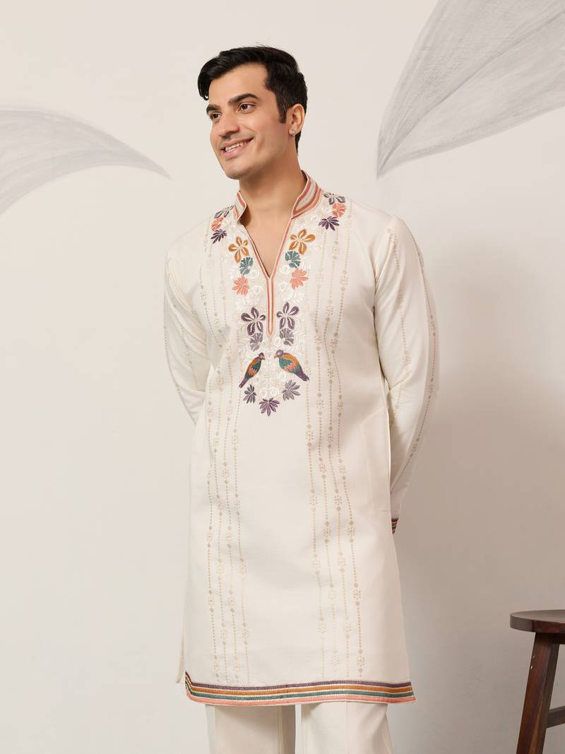 WHITE VISCOSE SILK THREAD & SEQUINS EMBROIDERED WORK WEDDING FESTIVAL MARRIAGE PARTY WEAR STRAIGHT MENS KURTA WITH PANT