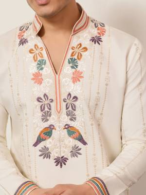 WHITE VISCOSE SILK THREAD & SEQUINS EMBROIDERED WORK WEDDING FESTIVAL MARRIAGE PARTY WEAR STRAIGHT MENS KURTA WITH PANT 4