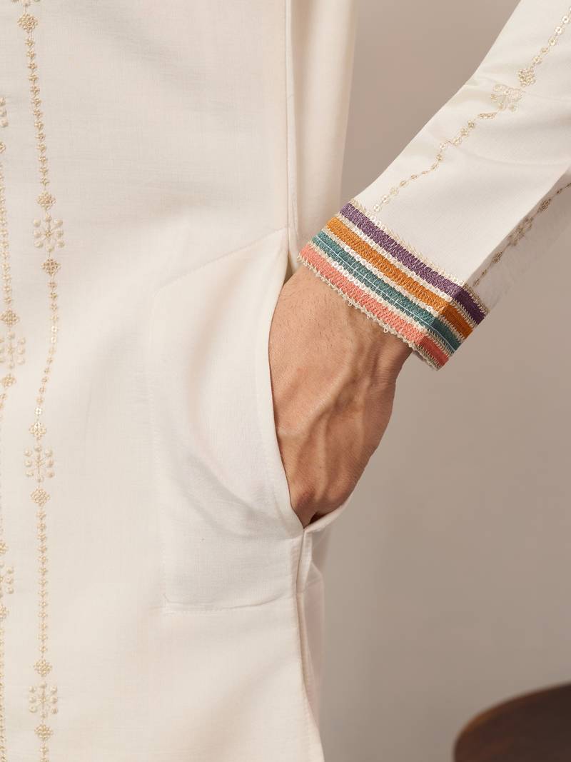 WHITE VISCOSE SILK THREAD & SEQUINS EMBROIDERED WORK WEDDING FESTIVAL MARRIAGE PARTY WEAR STRAIGHT MENS KURTA WITH PANT