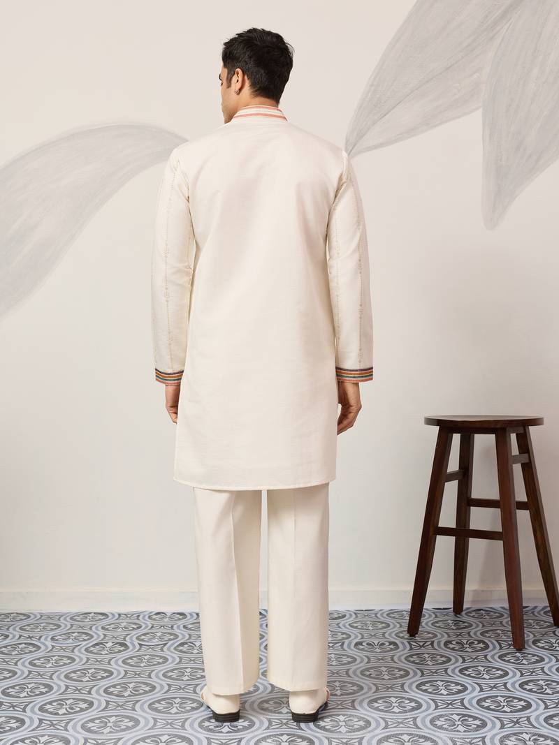 WHITE VISCOSE SILK THREAD & SEQUINS EMBROIDERED WORK WEDDING FESTIVAL MARRIAGE PARTY WEAR STRAIGHT MENS KURTA WITH PANT