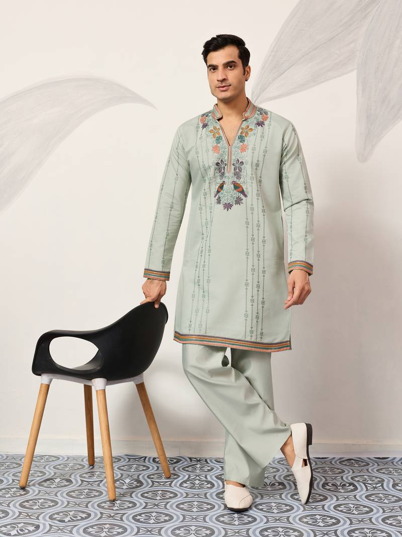 Pista green viscose silk thread & sequins embroidered work wedding festival  party wear straight mens kurta with pant