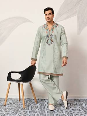 PISTA GREEN VISCOSE SILK THREAD & SEQUINS EMBROIDERED WORK WEDDING FESTIVAL  PARTY WEAR STRAIGHT MENS KURTA WITH PANT 1