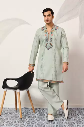 Pista green viscose silk thread & sequins embroidered work wedding festival  party wear straight mens kurta with pant