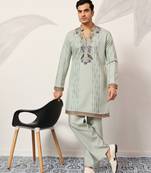 PISTA GREEN VISCOSE SILK THREAD & SEQUINS EMBROIDERED WORK WEDDING FESTIVAL  PARTY WEAR STRAIGHT MENS KURTA WITH PANT