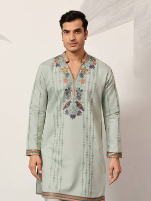 PISTA GREEN VISCOSE SILK THREAD & SEQUINS EMBROIDERED WORK WEDDING FESTIVAL  PARTY WEAR STRAIGHT MENS KURTA WITH PANT 3