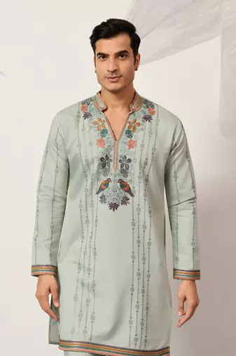 PISTA GREEN VISCOSE SILK THREAD & SEQUINS EMBROIDERED WORK WEDDING FESTIVAL  PARTY WEAR STRAIGHT MENS KURTA WITH PANT