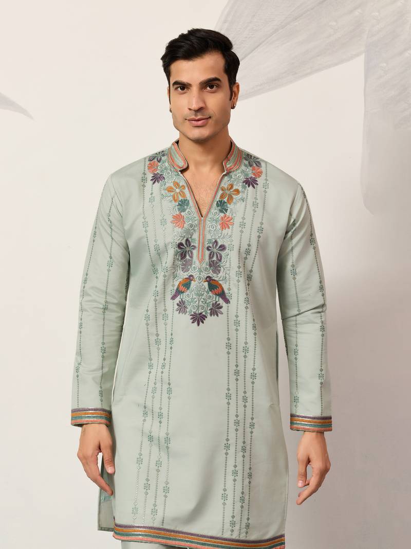 PISTA GREEN VISCOSE SILK THREAD & SEQUINS EMBROIDERED WORK WEDDING FESTIVAL  PARTY WEAR STRAIGHT MENS KURTA WITH PANT