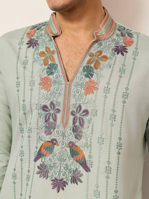 PISTA GREEN VISCOSE SILK THREAD & SEQUINS EMBROIDERED WORK WEDDING FESTIVAL  PARTY WEAR STRAIGHT MENS KURTA WITH PANT 4