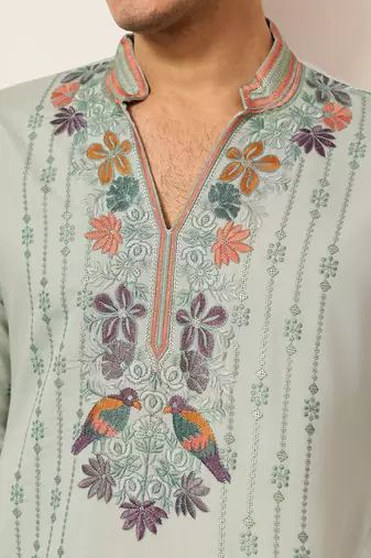 PISTA GREEN VISCOSE SILK THREAD & SEQUINS EMBROIDERED WORK WEDDING FESTIVAL  PARTY WEAR STRAIGHT MENS KURTA WITH PANT