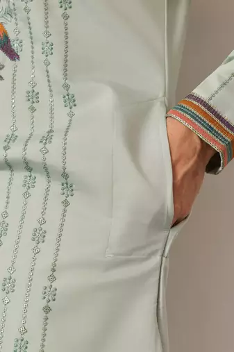 PISTA GREEN VISCOSE SILK THREAD & SEQUINS EMBROIDERED WORK WEDDING FESTIVAL  PARTY WEAR STRAIGHT MENS KURTA WITH PANT