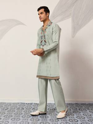 PISTA GREEN VISCOSE SILK THREAD & SEQUINS EMBROIDERED WORK WEDDING FESTIVAL  PARTY WEAR STRAIGHT MENS KURTA WITH PANT 6
