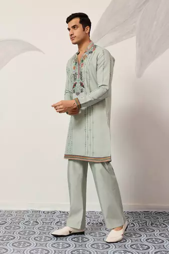 PISTA GREEN VISCOSE SILK THREAD & SEQUINS EMBROIDERED WORK WEDDING FESTIVAL  PARTY WEAR STRAIGHT MENS KURTA WITH PANT