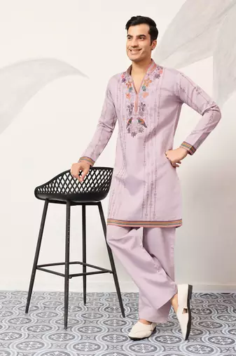 Lavender viscose silk thread & sequins embroidered work festival marriage party wear straight mens kurta with pant