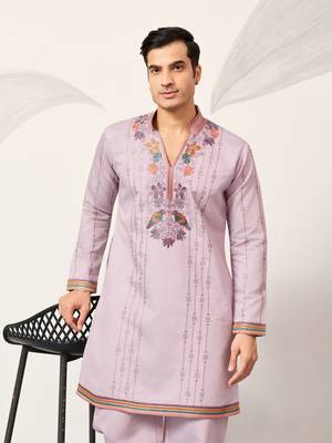 LAVENDER VISCOSE SILK THREAD & SEQUINS EMBROIDERED WORK FESTIVAL MARRIAGE PARTY WEAR STRAIGHT MENS KURTA WITH PANT 3