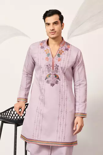 LAVENDER VISCOSE SILK THREAD & SEQUINS EMBROIDERED WORK FESTIVAL MARRIAGE PARTY WEAR STRAIGHT MENS KURTA WITH PANT