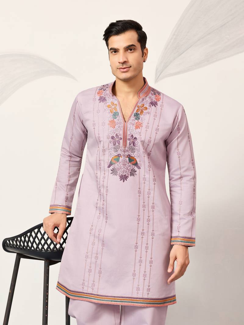 LAVENDER VISCOSE SILK THREAD & SEQUINS EMBROIDERED WORK FESTIVAL MARRIAGE PARTY WEAR STRAIGHT MENS KURTA WITH PANT