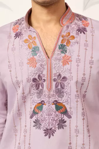 LAVENDER VISCOSE SILK THREAD & SEQUINS EMBROIDERED WORK FESTIVAL MARRIAGE PARTY WEAR STRAIGHT MENS KURTA WITH PANT