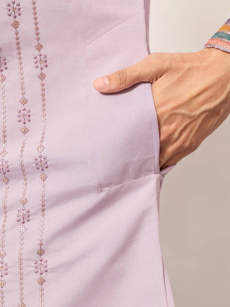 LAVENDER VISCOSE SILK THREAD & SEQUINS EMBROIDERED WORK FESTIVAL MARRIAGE PARTY WEAR STRAIGHT MENS KURTA WITH PANT