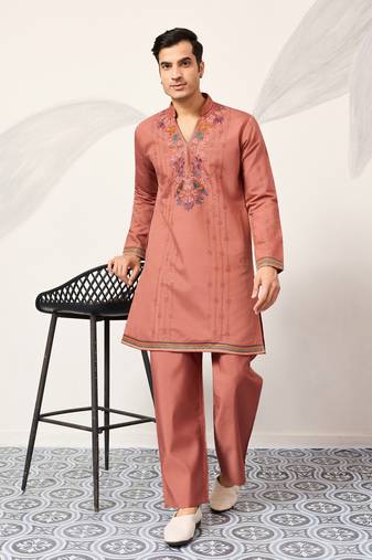 Orange viscose silk thread & sequins embroidered work wedding festival marriage party wear straight mens kurta with pant