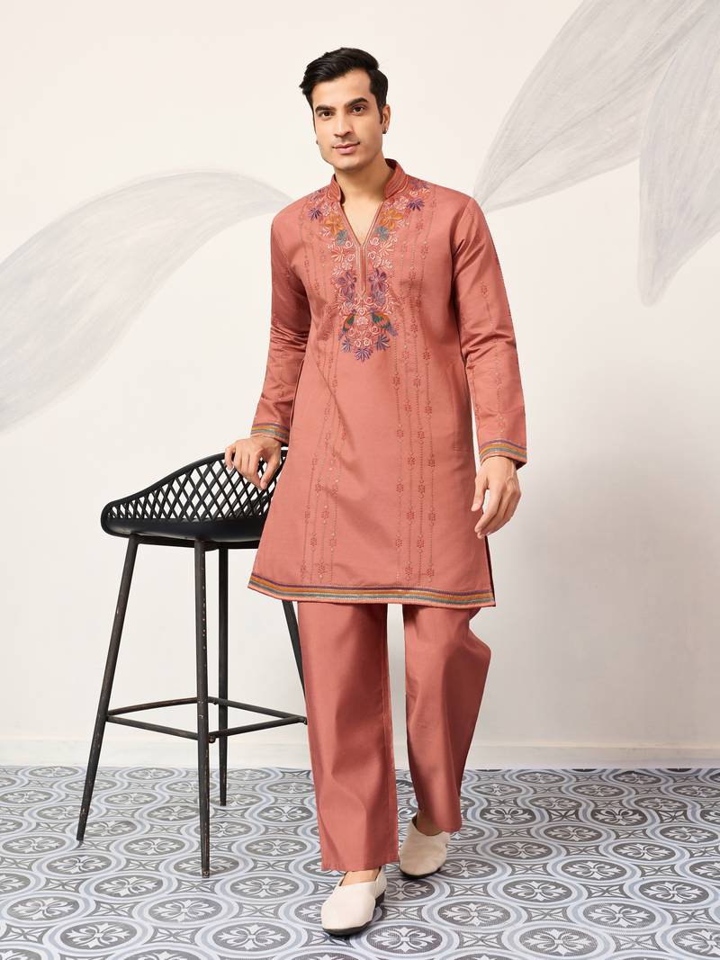 Orange viscose silk thread & sequins embroidered work wedding festival marriage party wear straight mens kurta with pant