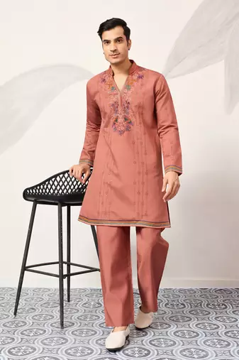 Orange viscose silk thread & sequins embroidered work wedding festival marriage party wear straight mens kurta with pant
