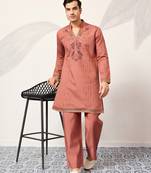ORANGE VISCOSE SILK THREAD & SEQUINS EMBROIDERED WORK WEDDING FESTIVAL MARRIAGE PARTY WEAR STRAIGHT MENS KURTA WITH PANT