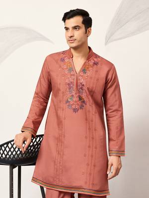 ORANGE VISCOSE SILK THREAD & SEQUINS EMBROIDERED WORK WEDDING FESTIVAL MARRIAGE PARTY WEAR STRAIGHT MENS KURTA WITH PANT 3