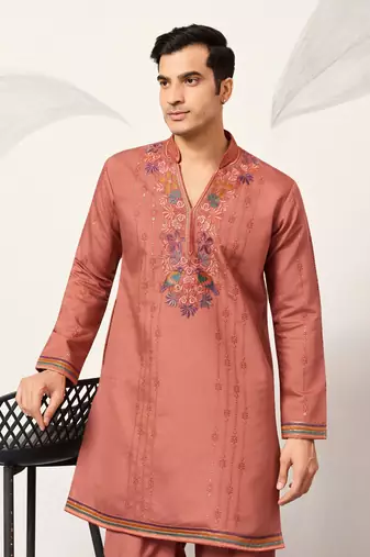 ORANGE VISCOSE SILK THREAD & SEQUINS EMBROIDERED WORK WEDDING FESTIVAL MARRIAGE PARTY WEAR STRAIGHT MENS KURTA WITH PANT