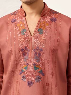 ORANGE VISCOSE SILK THREAD & SEQUINS EMBROIDERED WORK WEDDING FESTIVAL MARRIAGE PARTY WEAR STRAIGHT MENS KURTA WITH PANT 4