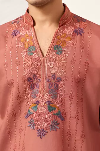 ORANGE VISCOSE SILK THREAD & SEQUINS EMBROIDERED WORK WEDDING FESTIVAL MARRIAGE PARTY WEAR STRAIGHT MENS KURTA WITH PANT