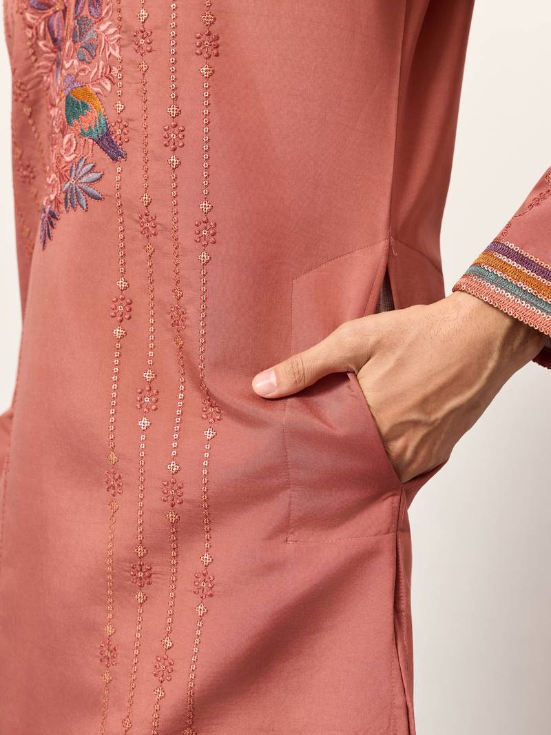 ORANGE VISCOSE SILK THREAD & SEQUINS EMBROIDERED WORK WEDDING FESTIVAL MARRIAGE PARTY WEAR STRAIGHT MENS KURTA WITH PANT
