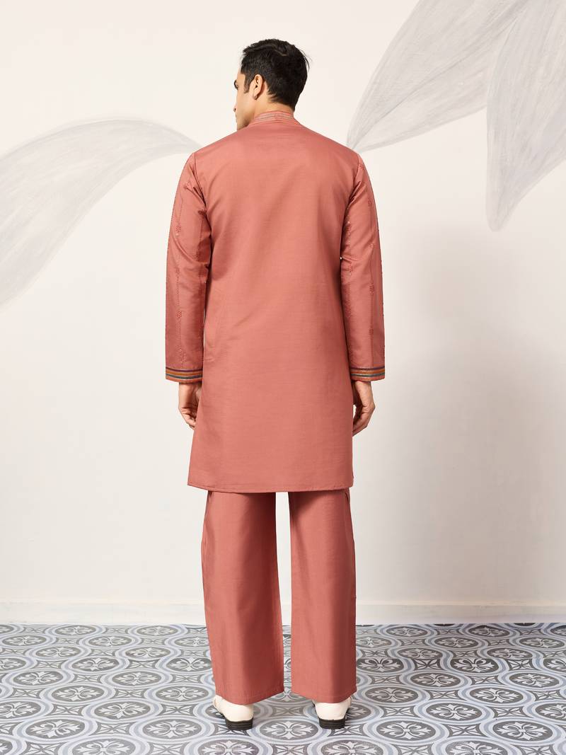 ORANGE VISCOSE SILK THREAD & SEQUINS EMBROIDERED WORK WEDDING FESTIVAL MARRIAGE PARTY WEAR STRAIGHT MENS KURTA WITH PANT