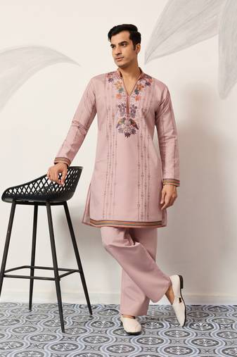 Light pink viscose silk thread & sequins embroidered work wedding festival party wear straight mens kurta with pant