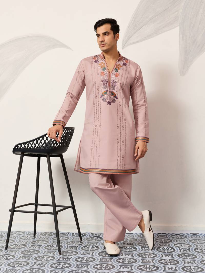 Light pink viscose silk thread & sequins embroidered work wedding festival party wear straight mens kurta with pant