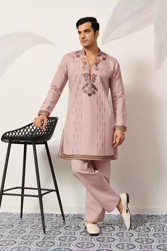 Light pink viscose silk thread & sequins embroidered work wedding festival party wear straight mens kurta with pant