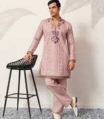 LIGHT PINK VISCOSE SILK THREAD & SEQUINS EMBROIDERED WORK WEDDING FESTIVAL PARTY WEAR STRAIGHT MENS KURTA WITH PANT