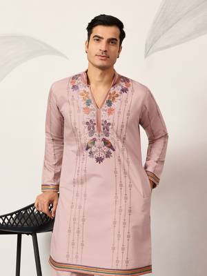 LIGHT PINK VISCOSE SILK THREAD & SEQUINS EMBROIDERED WORK WEDDING FESTIVAL PARTY WEAR STRAIGHT MENS KURTA WITH PANT 2
