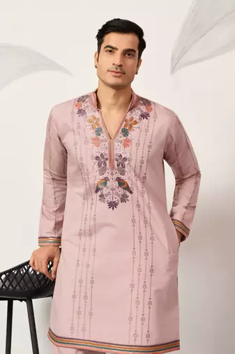 LIGHT PINK VISCOSE SILK THREAD & SEQUINS EMBROIDERED WORK WEDDING FESTIVAL PARTY WEAR STRAIGHT MENS KURTA WITH PANT