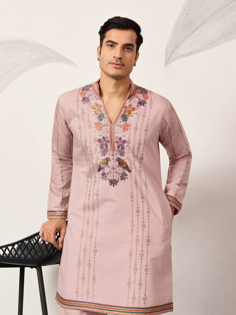 LIGHT PINK VISCOSE SILK THREAD & SEQUINS EMBROIDERED WORK WEDDING FESTIVAL PARTY WEAR STRAIGHT MENS KURTA WITH PANT