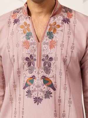 LIGHT PINK VISCOSE SILK THREAD & SEQUINS EMBROIDERED WORK WEDDING FESTIVAL PARTY WEAR STRAIGHT MENS KURTA WITH PANT 3