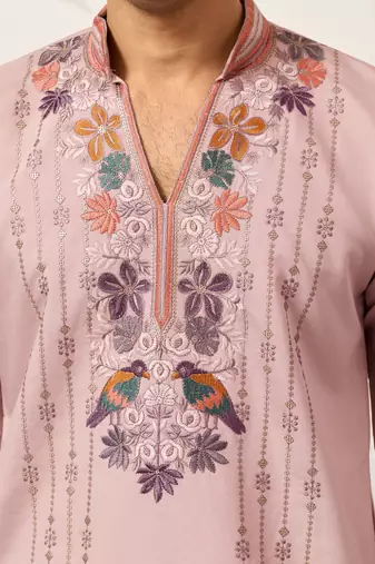 LIGHT PINK VISCOSE SILK THREAD & SEQUINS EMBROIDERED WORK WEDDING FESTIVAL PARTY WEAR STRAIGHT MENS KURTA WITH PANT