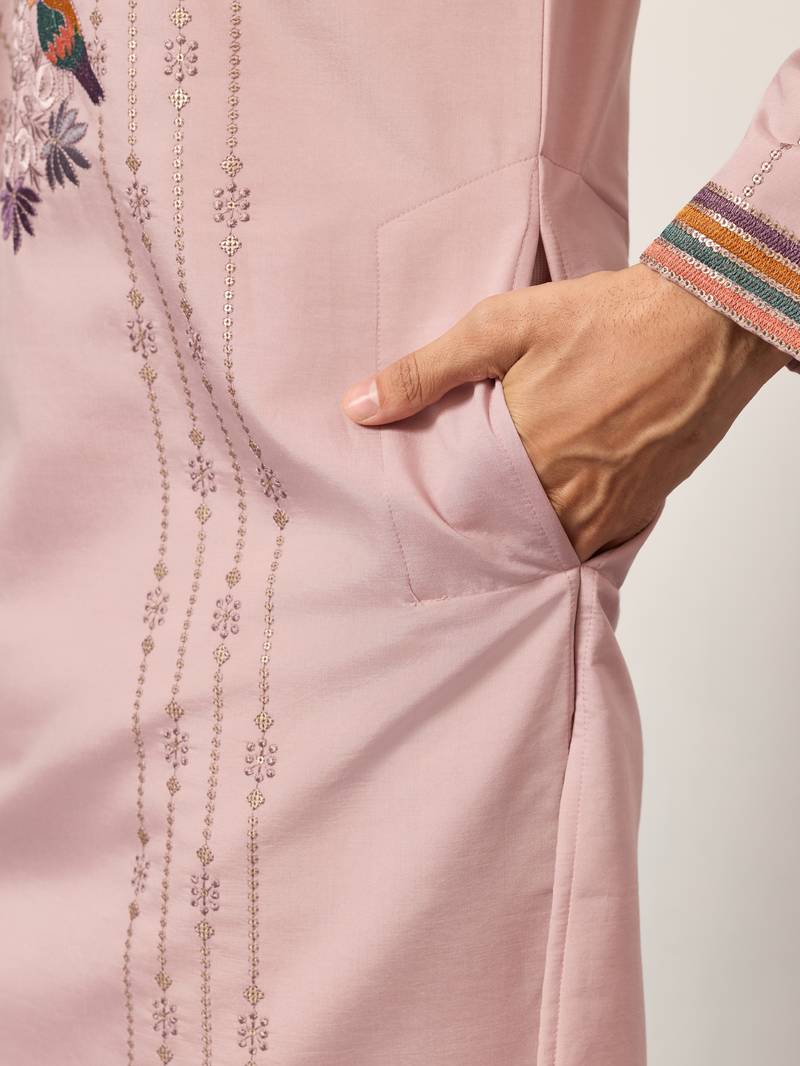LIGHT PINK VISCOSE SILK THREAD & SEQUINS EMBROIDERED WORK WEDDING FESTIVAL PARTY WEAR STRAIGHT MENS KURTA WITH PANT