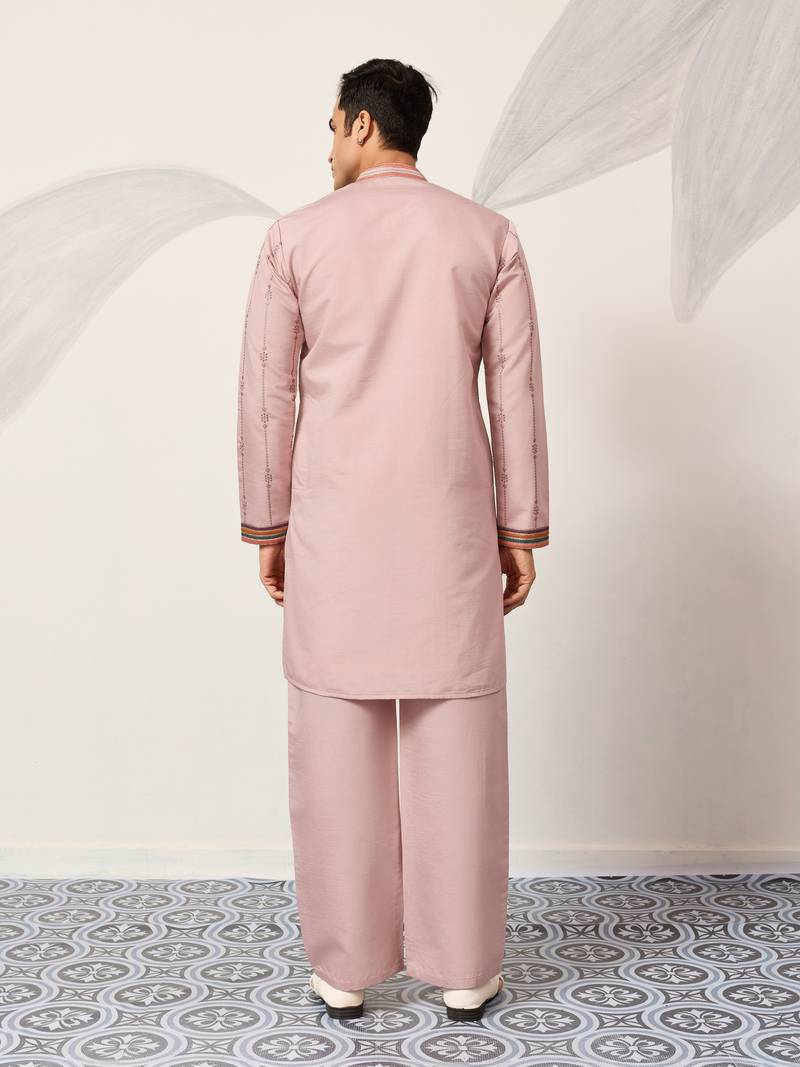 LIGHT PINK VISCOSE SILK THREAD & SEQUINS EMBROIDERED WORK WEDDING FESTIVAL PARTY WEAR STRAIGHT MENS KURTA WITH PANT