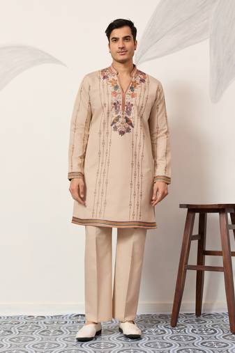 Beige viscose silk thread & sequins embroidered work wedding festival marriage party wear straight mens kurta with pant