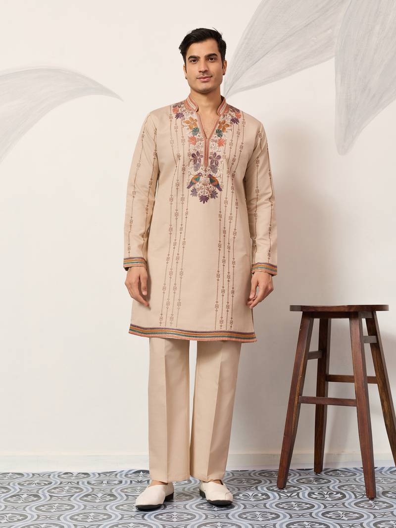 Beige viscose silk thread & sequins embroidered work wedding festival marriage party wear straight mens kurta with pant