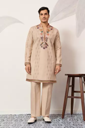 Beige viscose silk thread & sequins embroidered work wedding festival marriage party wear straight mens kurta with pant