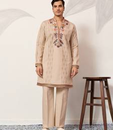 BEIGE VISCOSE SILK THREAD & SEQUINS EMBROIDERED WORK WEDDING FESTIVAL MARRIAGE PARTY WEAR STRAIGHT MENS KURTA WITH PANT