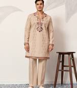 BEIGE VISCOSE SILK THREAD & SEQUINS EMBROIDERED WORK WEDDING FESTIVAL MARRIAGE PARTY WEAR STRAIGHT MENS KURTA WITH PANT
